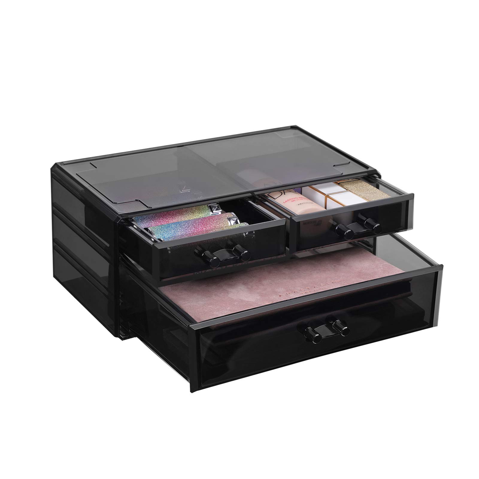 SONGMICS Large Acrylic Makeup Organizer with 6 Stackable Drawers - Cosmetic Storage Box for Eyeshadow Palette, Brushes, Foundation, Lipstick, Nail Polish - Perfect for Vanity, Bathroom & Travel (Black, JKA009BK)