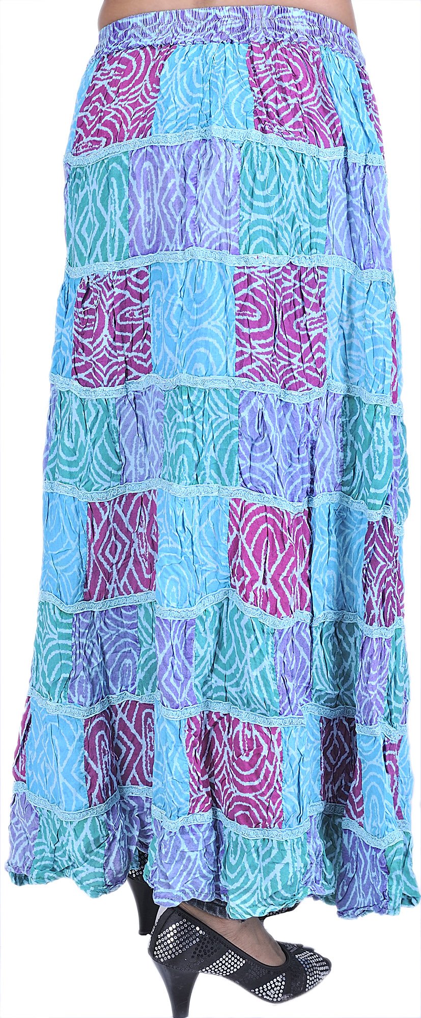 Bohemian Printed Maxi Skirt with Patchwork & Lace Trim - Handmade in Gujarat for Summer Festivals, Beach Vacations & Boho Chic Outfits