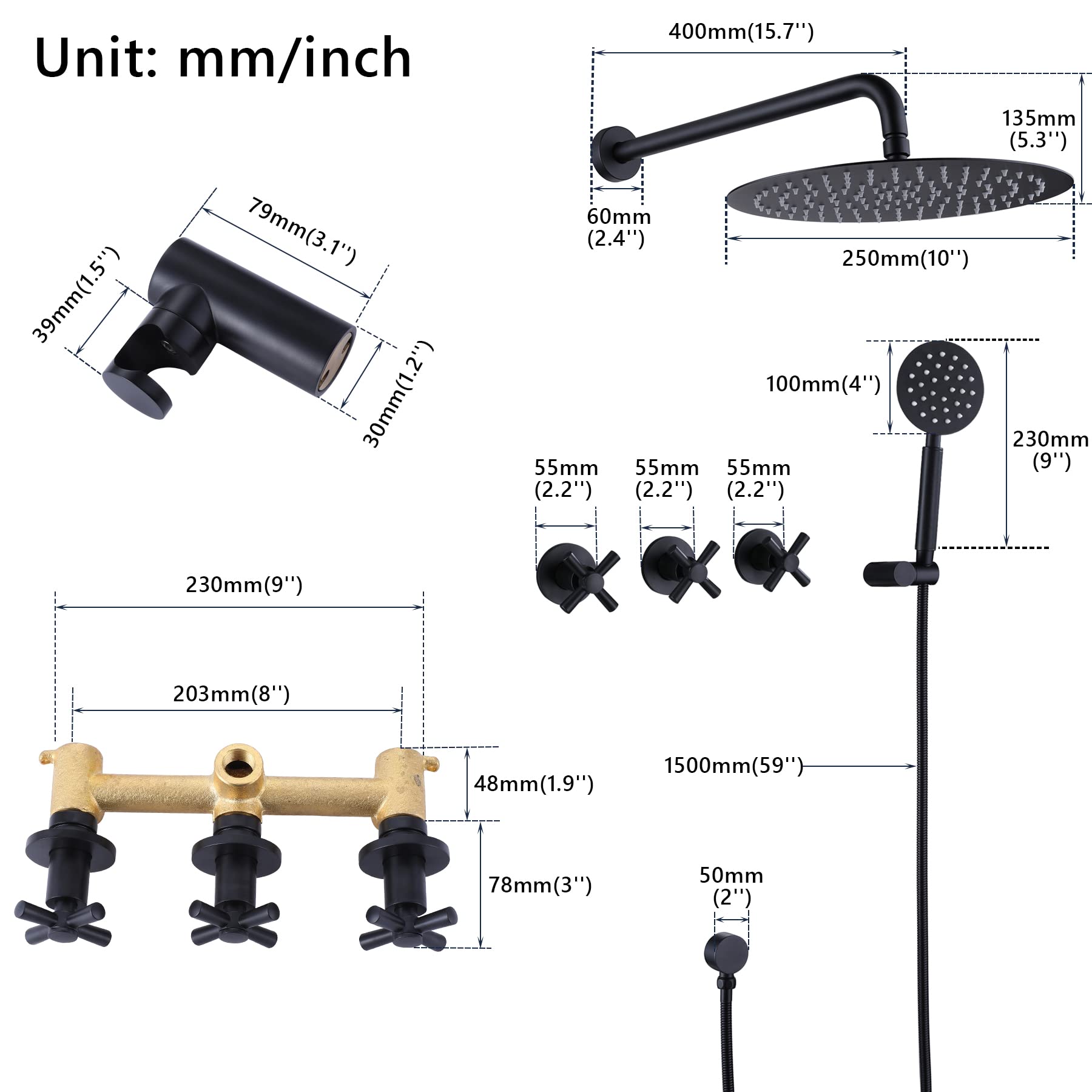 3 Handle Matte Black Shower Faucet Set with 10