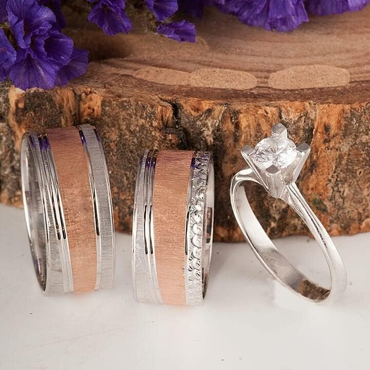 Rose Gold & Silver Matching Wedding Ring Set for Couples - Personalized Engraved Bands for Engagement, Anniversary & Bridal Jewelry Gifts