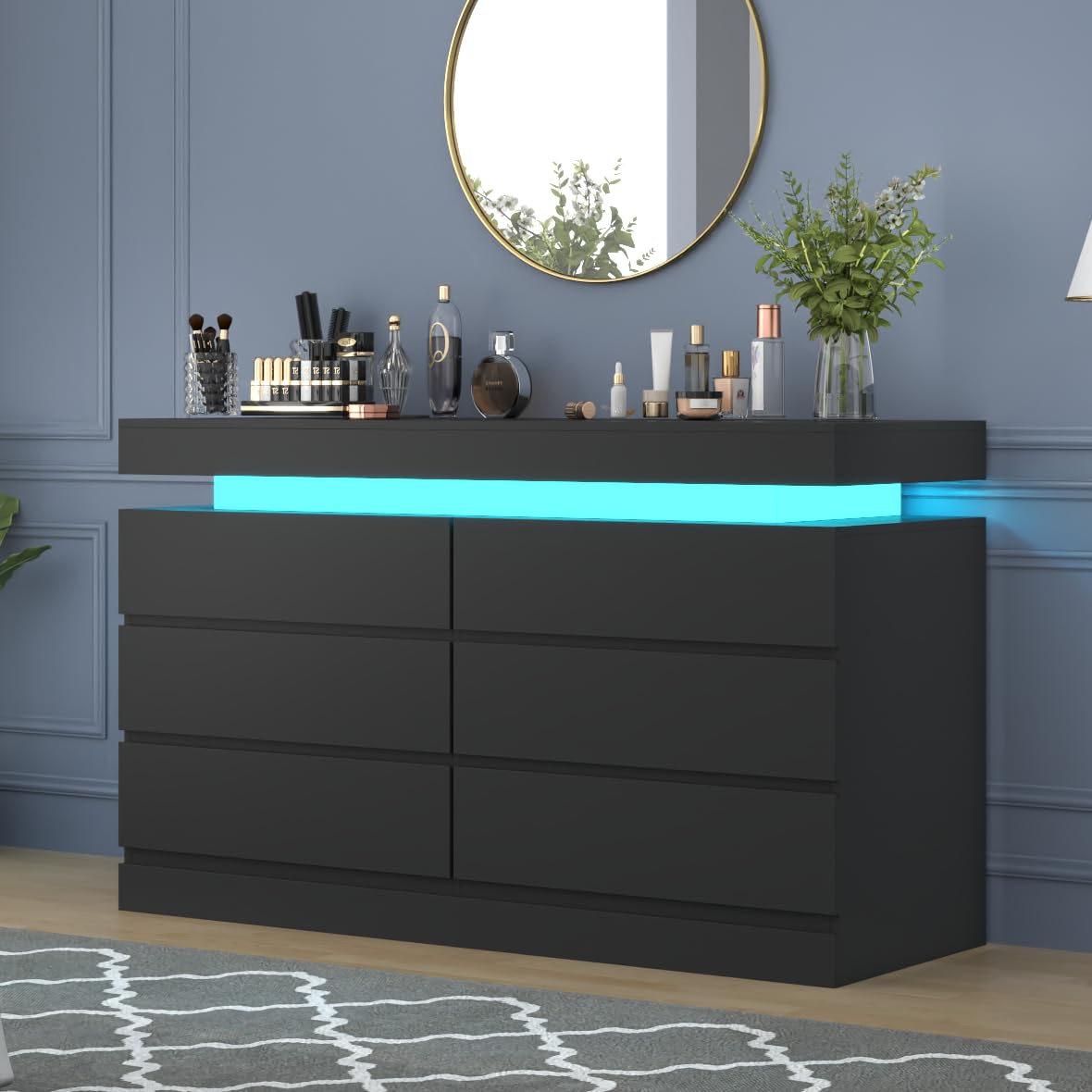 6-Drawer Dresser with Power Outlet & LED Lights - Modern Black Chest of Drawers with Double Wide Storage - Bedroom Closet Organizer Cabinet for Living Room, Entryway, Hallway - Perfect for Small Spaces & Apartment Decor