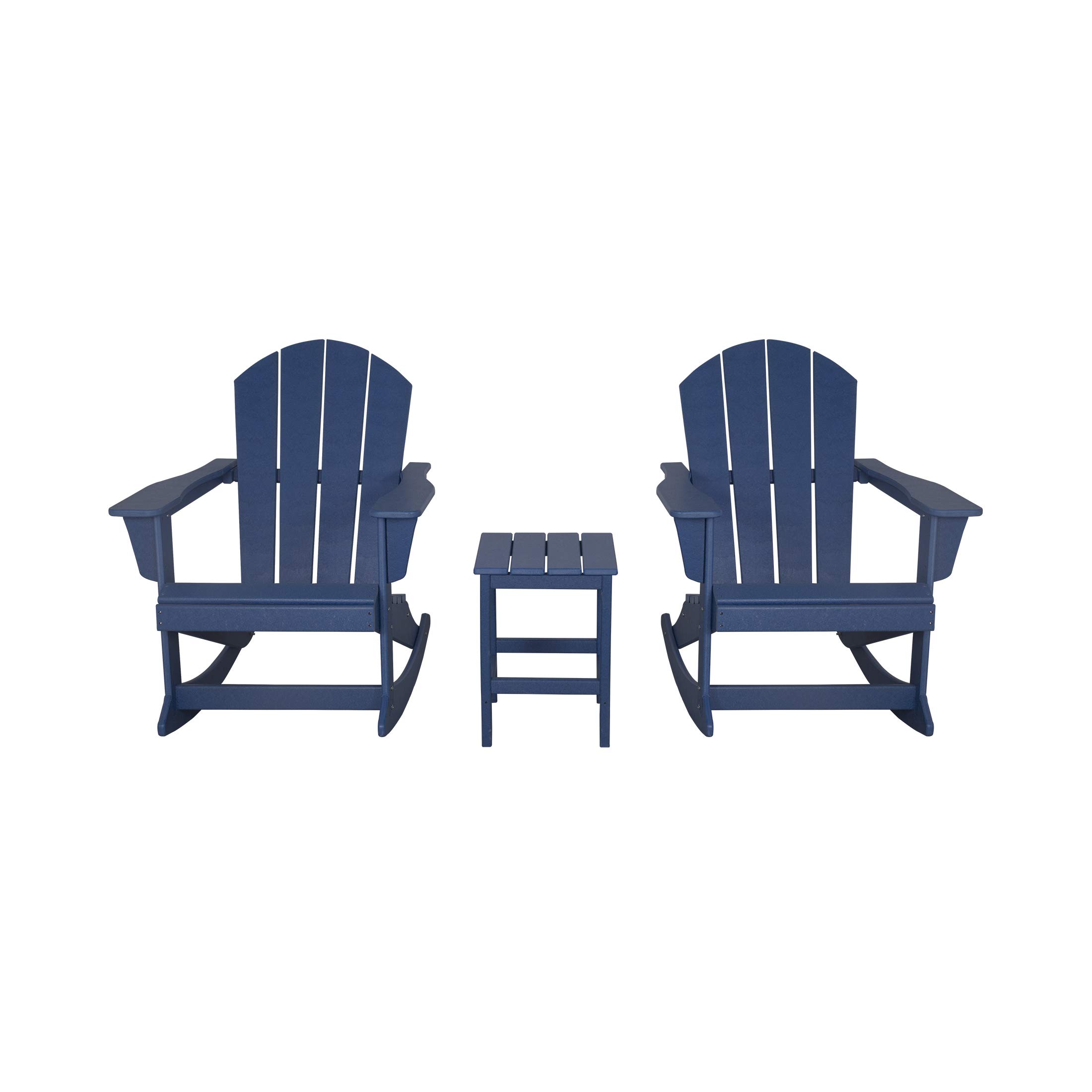 WO Home Furniture 3-Piece Patio Rocking Chair Set - Classic Outdoor Adirondack Rocker Chairs & Table in Navy Blue - Perfect for Backyard, Garden, Porch & Poolside Relaxation