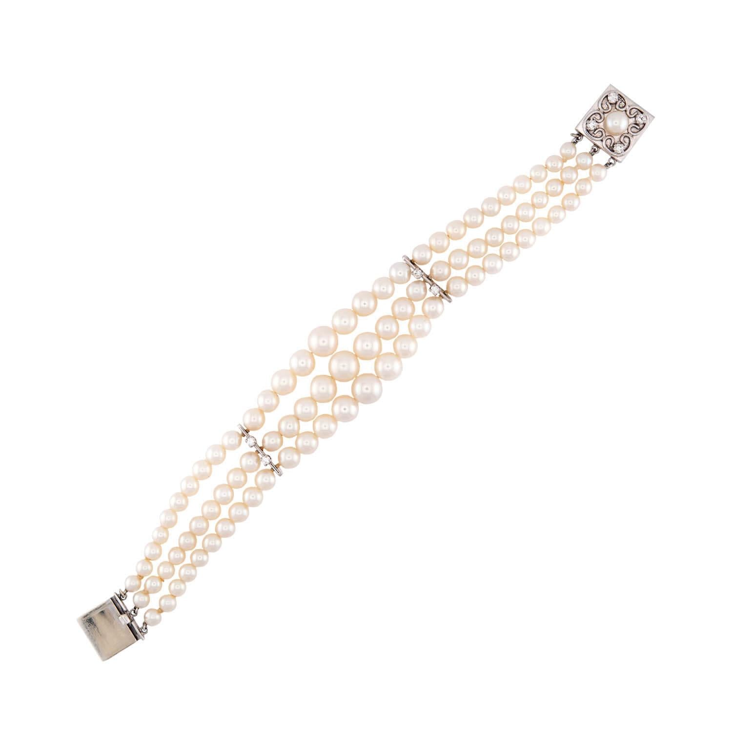 Vintage 18k Gold Pearl & Diamond Multi-Strand Bracelet for Women - Elegant Jewelry Gift for Weddings, Anniversaries & Special Occasions