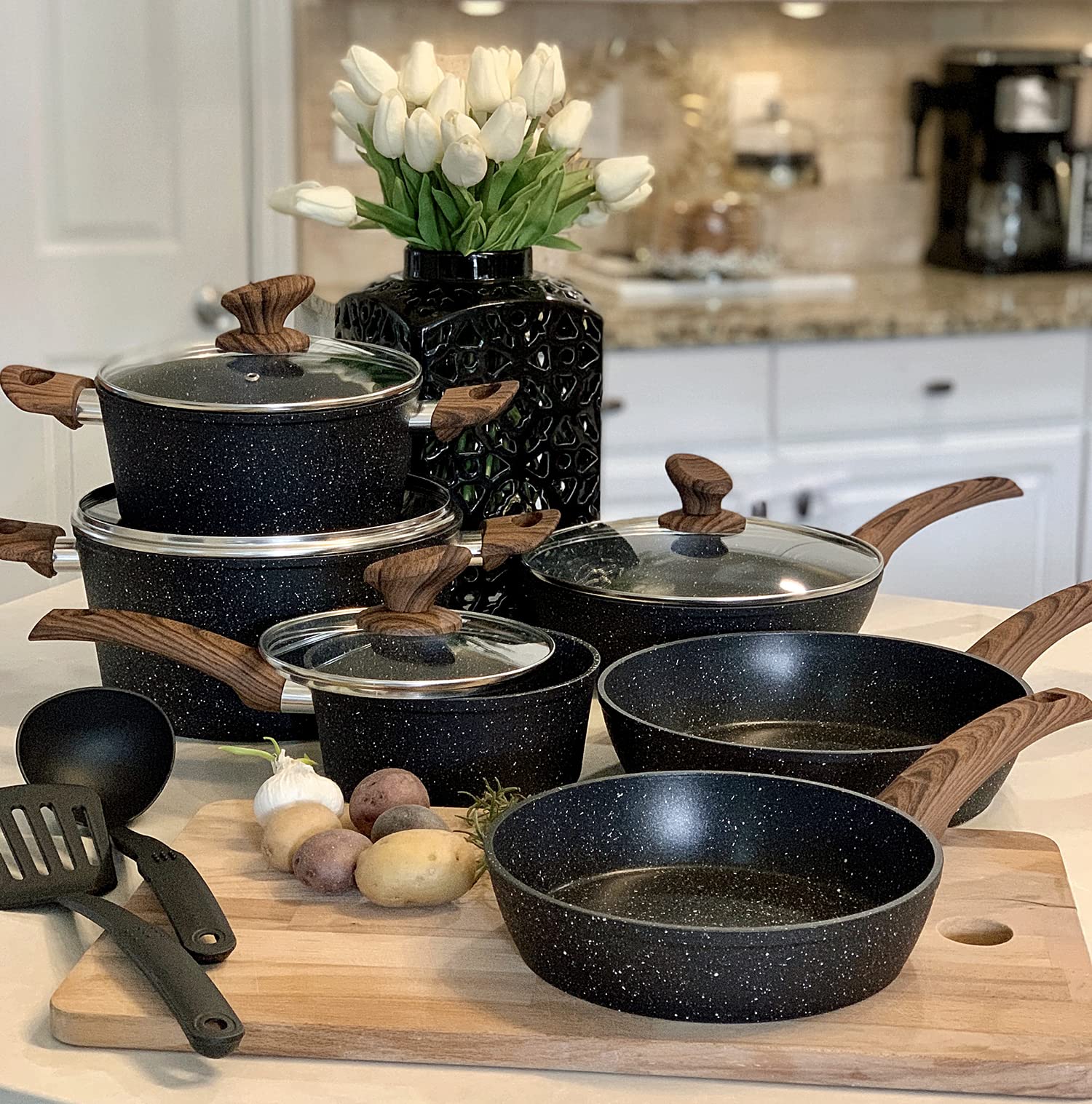Kitchen Academy Induction Cookware Sets - 12 Piece Nonstick Pots and Pans Set, Granite Black Coating for Gas & Electric Stoves | Perfect for Sauteing, Boiling & Frying in Modern Kitchens