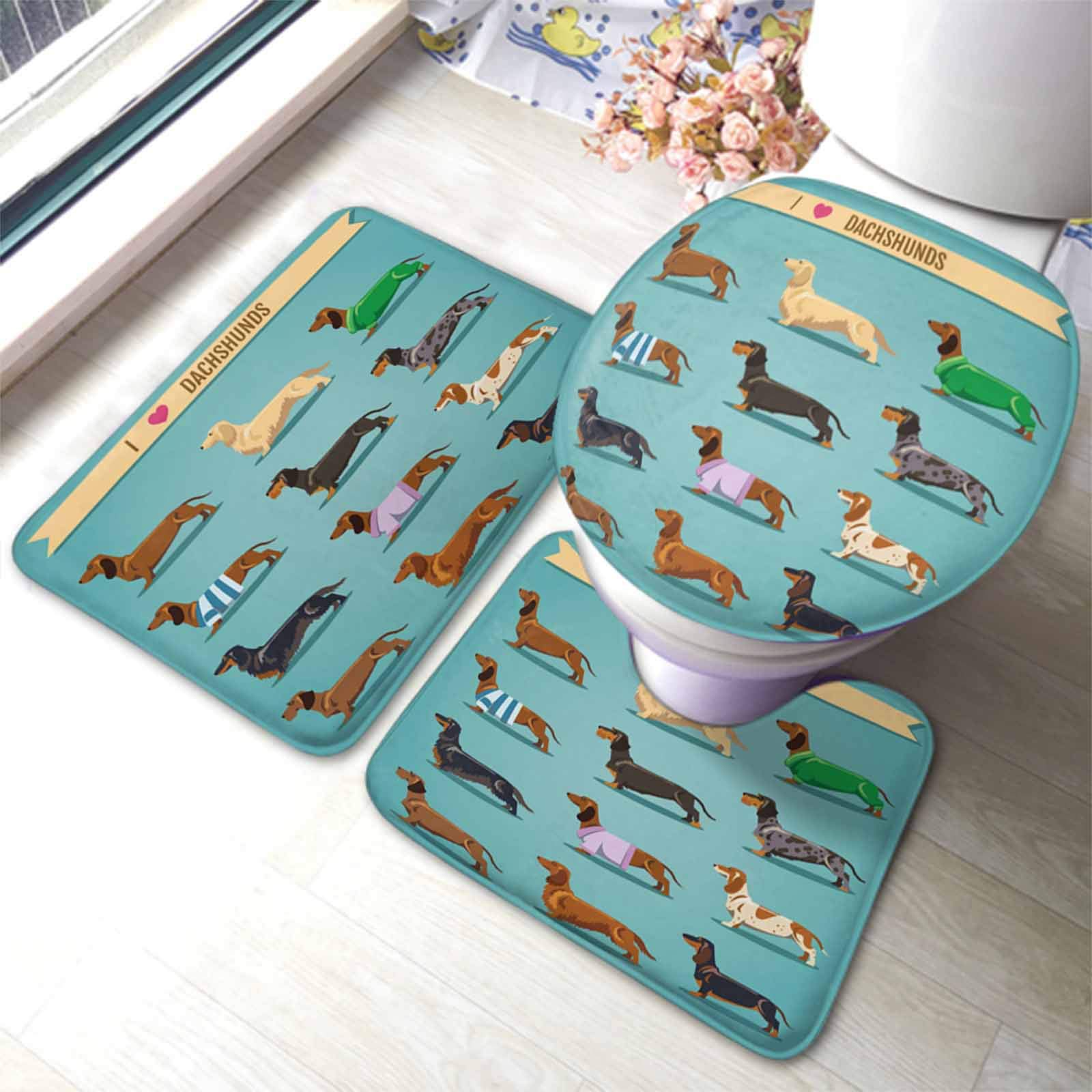 Premium Non-Slip Dachshund Bath Mat Set - 3-Piece Dog Lover Bathroom Decor with Toilet Lid Cover & Anti-Skid Rug - Perfect for Pet-Themed Bathrooms, Gifts for Dachshund Owners, Cozy Home Decor