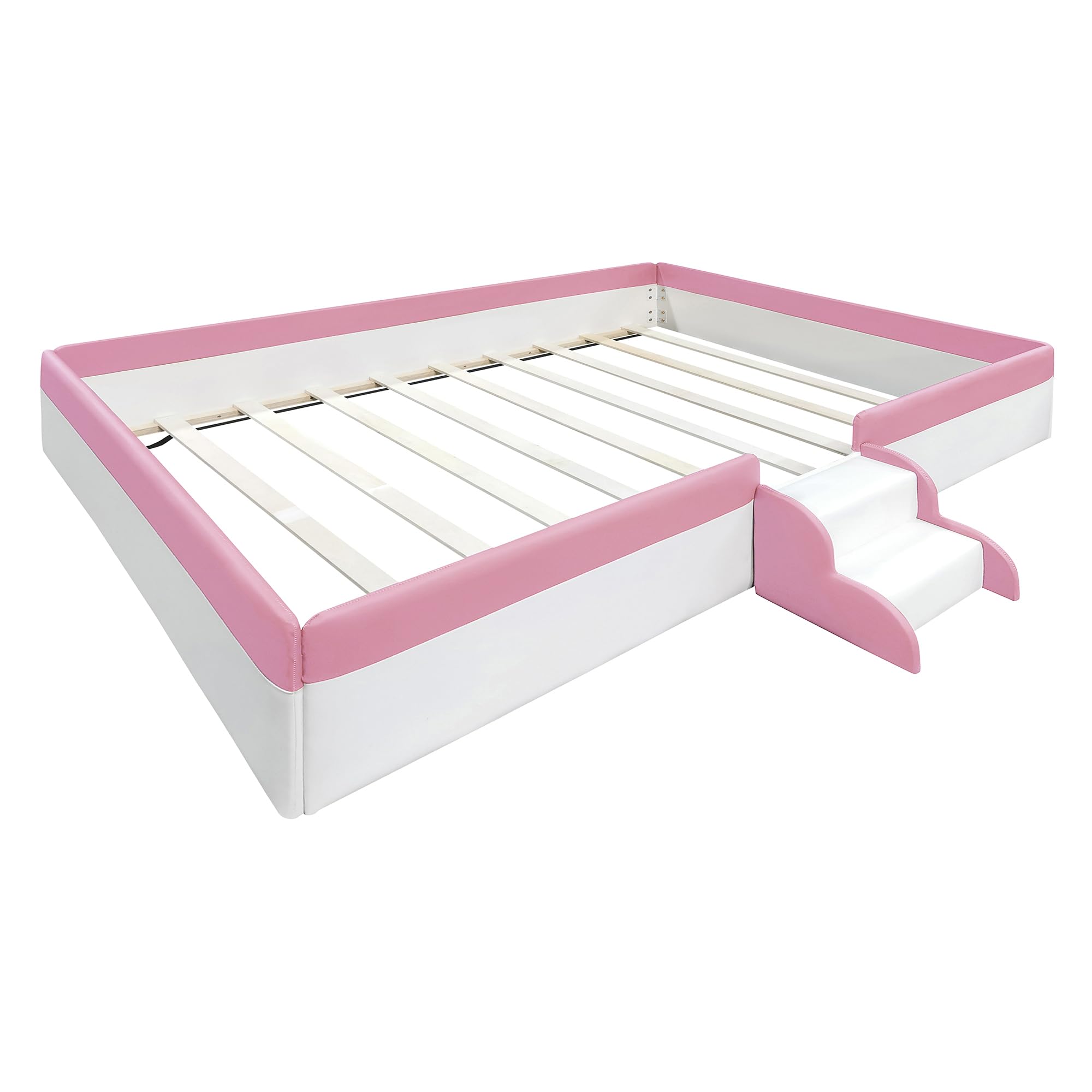 Montessori Full Size Floor Bed with Safety Fence & Stairs - PU Upholstered Kids Bed with Wooden Slats - Toddler Bed for Boys & Girls (Pink & White) - Perfect for Montessori Rooms, Daycare Centers & Safe Toddler Sleeping Spaces