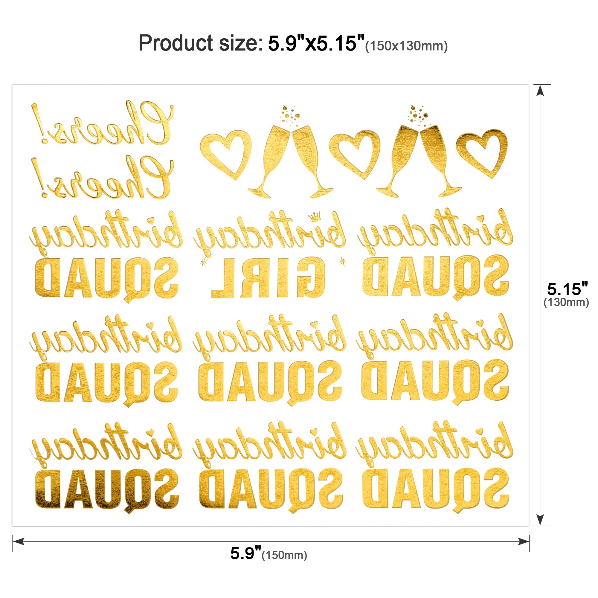 Konsait Metallic Temporary Tattoos for Girls - 32 Fun Birthday Designs (Birthday Girl, Birthday SQUAD, Cheers) - Perfect for Kids Birthday Parties, Celebration Favors & Party Bag Fillers - Great for Birthday Decorations, Photo Props & Themed Events