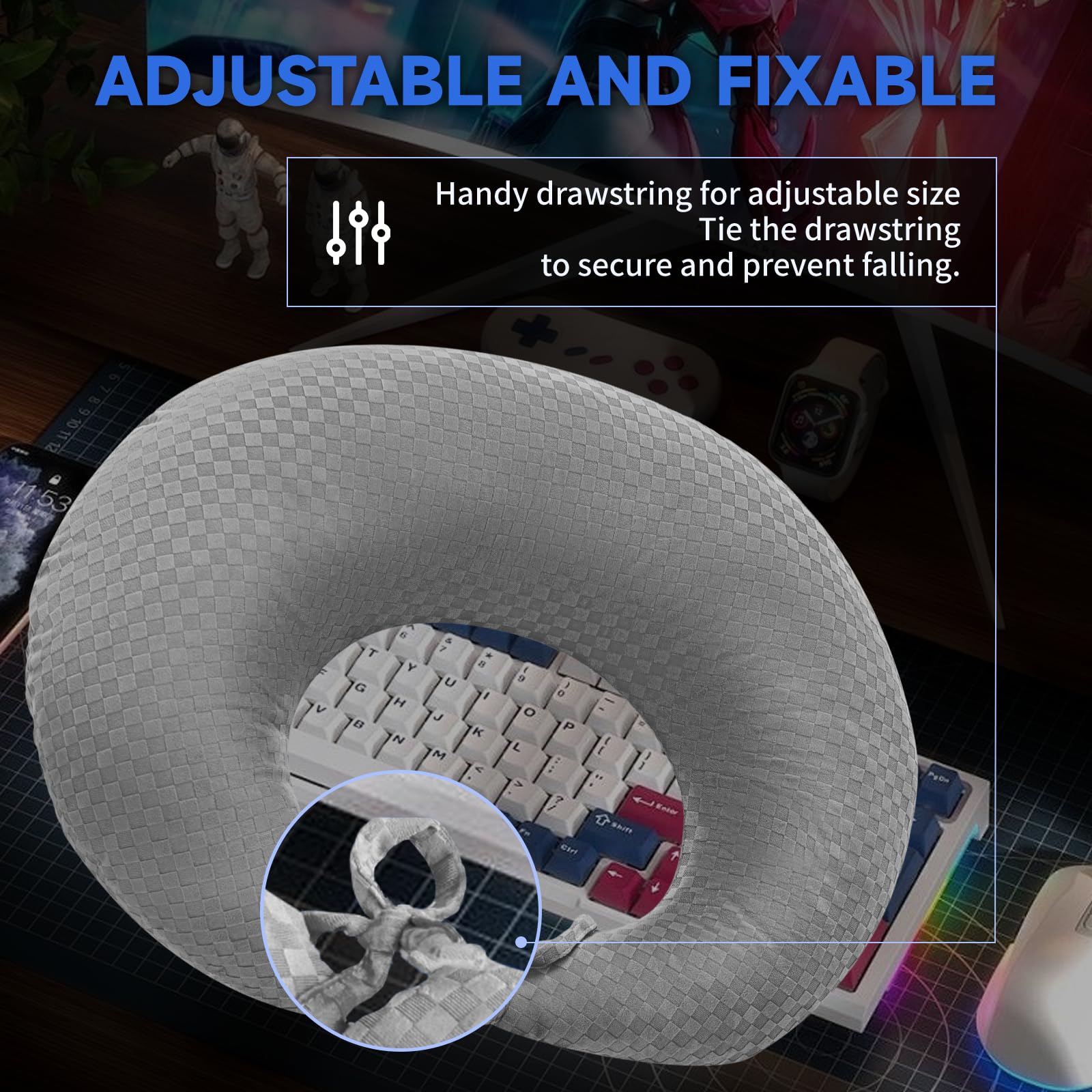 Ergonomic Gaming Pillow for Lap & Arm Support - Light Gray Compact Cushion for Comfortable Gaming, Reading in Bed or Sofa - Relieves Fatigue & Enhances Posture