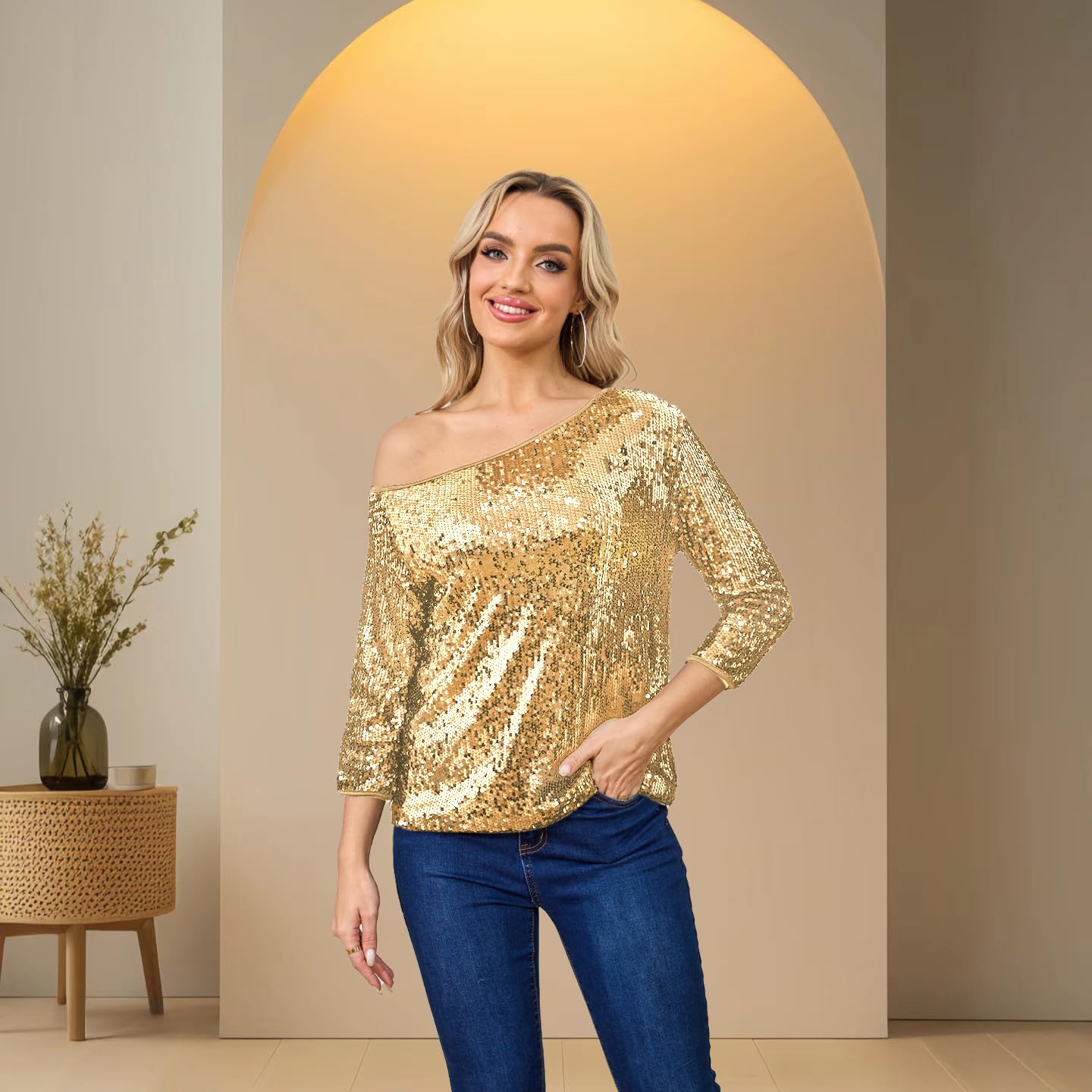 Sparkly Sequins Off Shoulder Tank Top for Women - Glittery Cocktail Party & Casual T-Shirt Blouse - Perfect for Night Out, Club Wear, Date Night and Summer Vacation