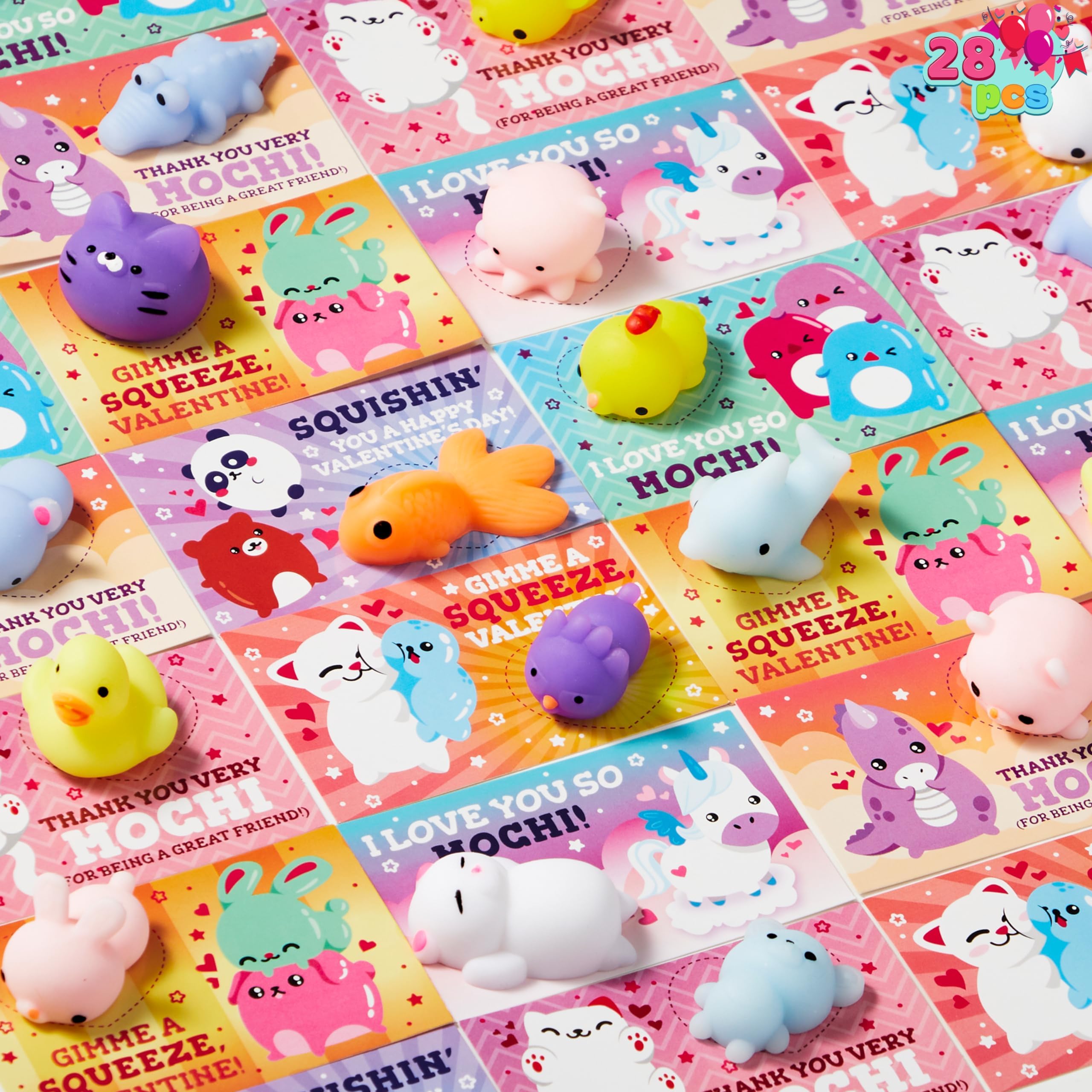 JOYIN 28 Pack Kawaii Mochi Squishy Toys with Gift Cards - Stress Relief Fidget Toys for Kids, Classroom Prizes, Party Favors & Sensory Play - Perfect for Birthday Gifts, School Rewards and Anxiety Relief