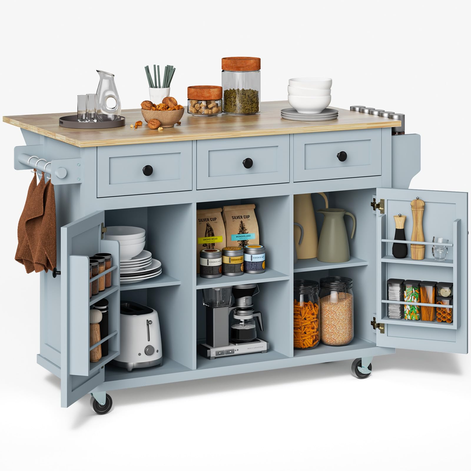 Rovibek 53-inch Blue Kitchen Island Cart with Storage Cabinet & Drawers - Solid Wood Mobile Rolling Island on Wheels - Perfect for Small Kitchens, Dining Areas & Home Organization