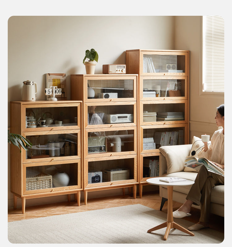 Premium Oak Solid Wood Multi-Layer Flip Door Glass Bookcase - Stylish Home Office Library Storage for Books, Decor & Collectibles