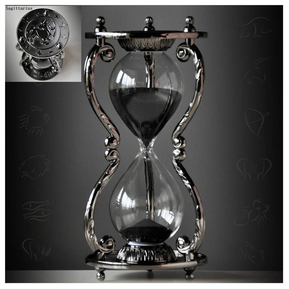 Antique Black 30-Minute Hourglass Sand Timer - Vintage Zodiac Constellation Metal Art Decor for Office, Home, Birthday Gift - Perfect for Meditation, Study & Desk Decoration (Sagittarius)