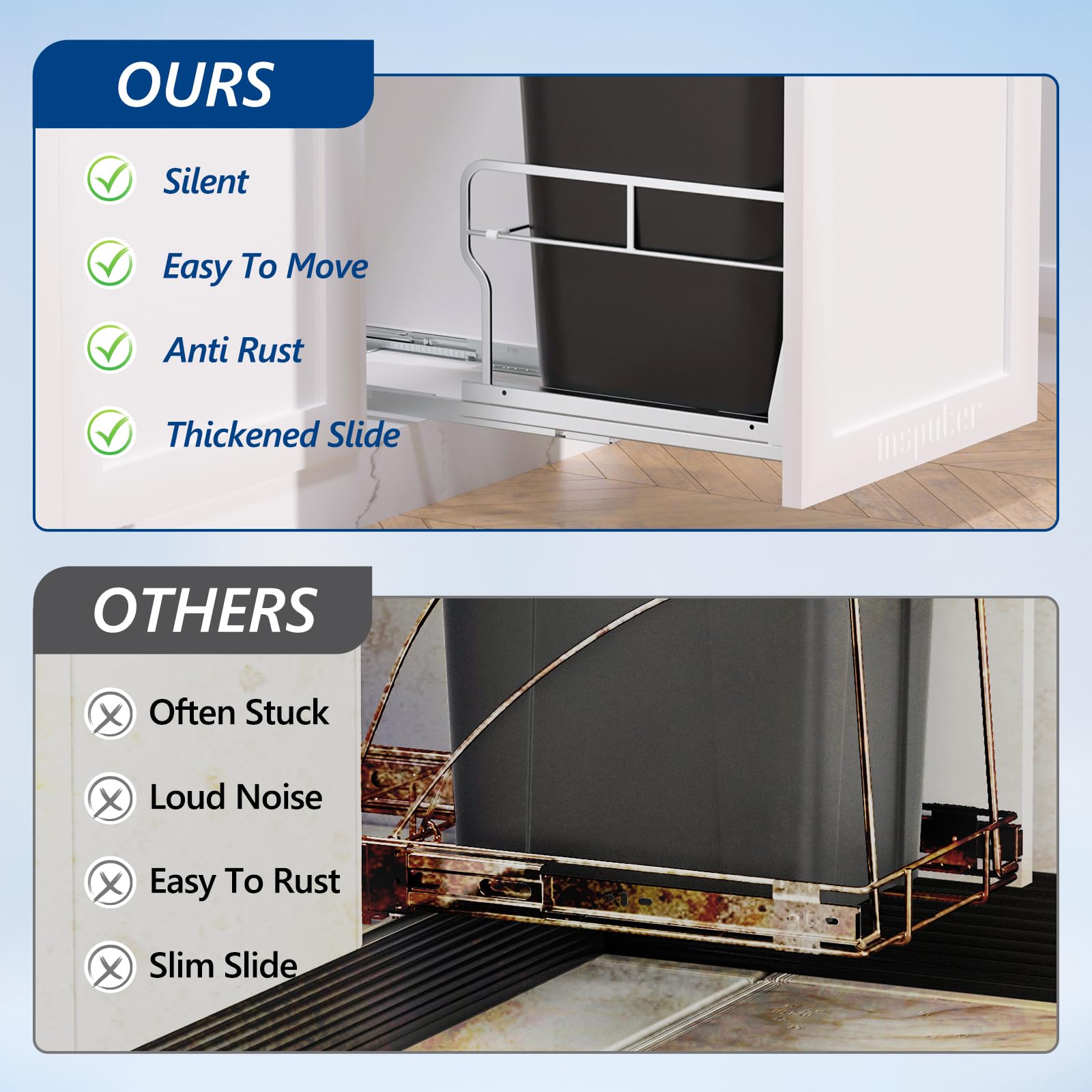 Insputer Pull Out Trash Can Under Cabinet with Soft-Close Slides - Heavy Duty Under Sink Trash Can Kit for Kitchen (Garbage Can Not Included) - Fits 12