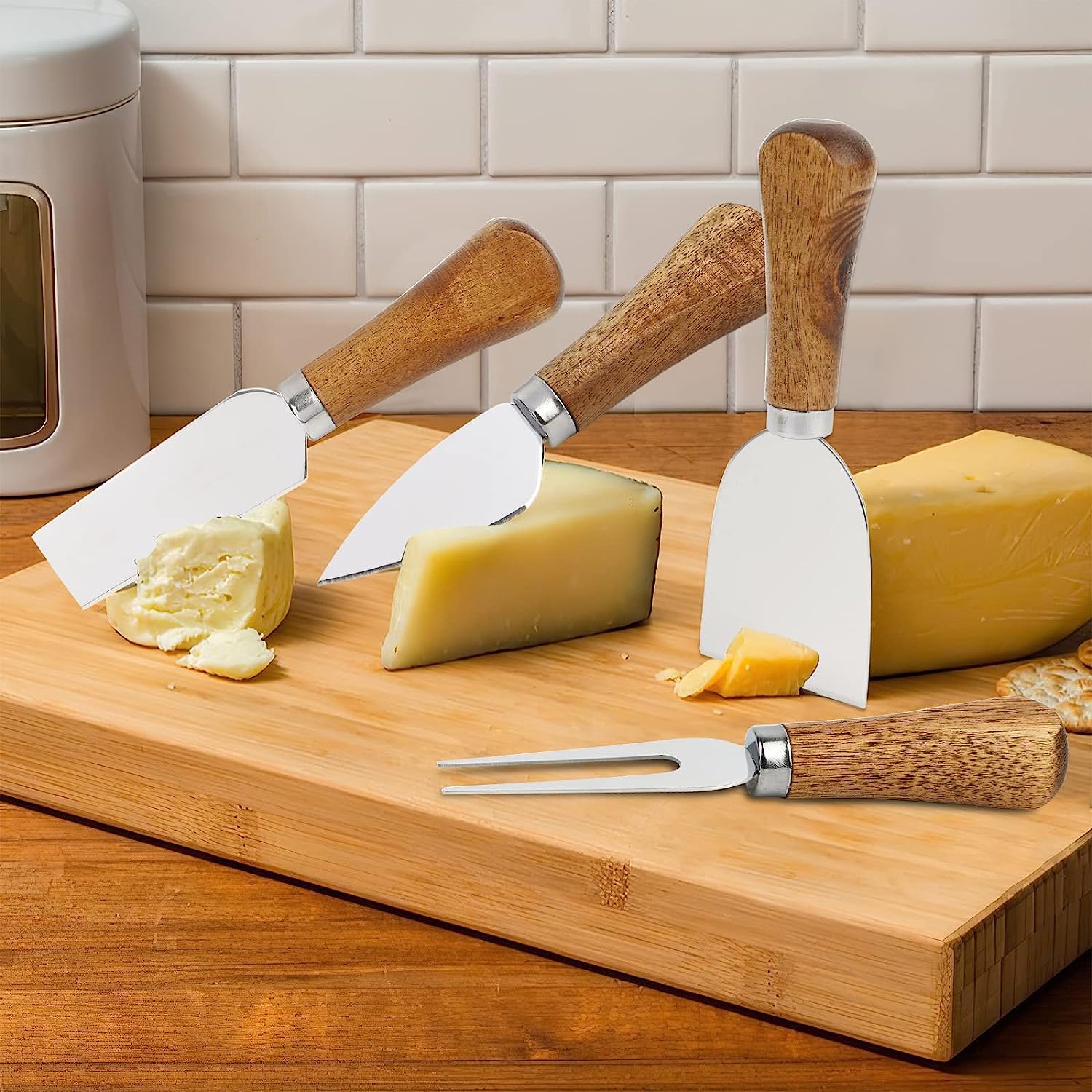 Premium Stainless Steel Cheese Knives Set with Wooden Handle - 6-Piece Charcuterie Board Accessories Kit Includes Mini Cheese Knives, Serving Tongs, Spoons, Forks & Toothpick Flags - Perfect for Party, Wedding, Christmas Cheese Platters & Charcuterie Boards