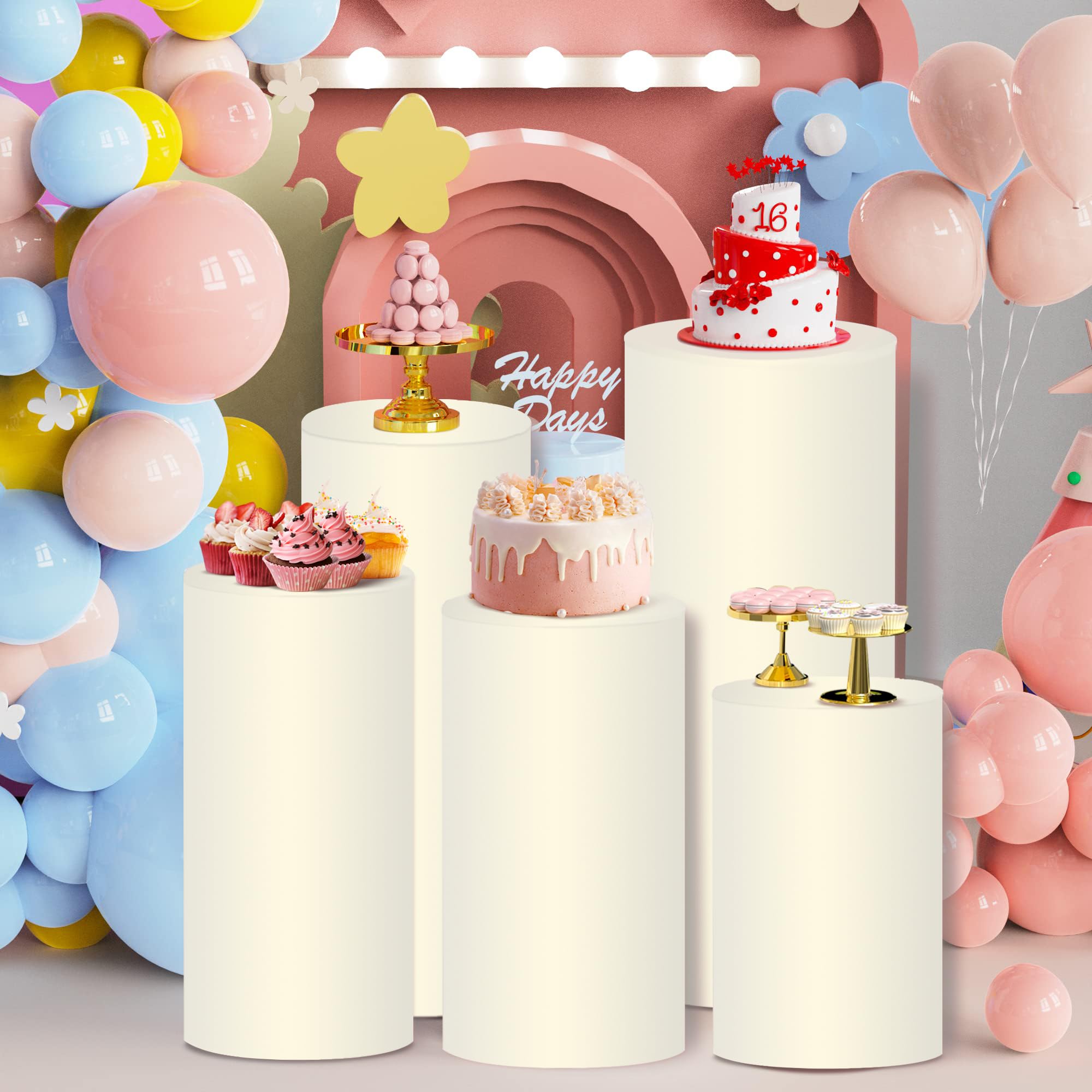 5-Pack Beige Spandex Cylinder Pedestal Stand Covers - Round Table Covers for Wedding, Baby Shower & Birthday Party Decor - Perfect for Display Boxes, Plinths & Event Decorations
