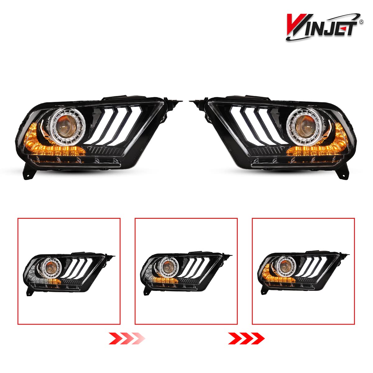 Winjet LED Headlights Assembly for 2010-2012 Ford Mustang & Shelby GT500 - LED DRL, Sequential Turn Signals, Amber Projector, Dual Beam (Driver & Passenger Side) - Upgrade Your Ride for Night Driving & Car Shows