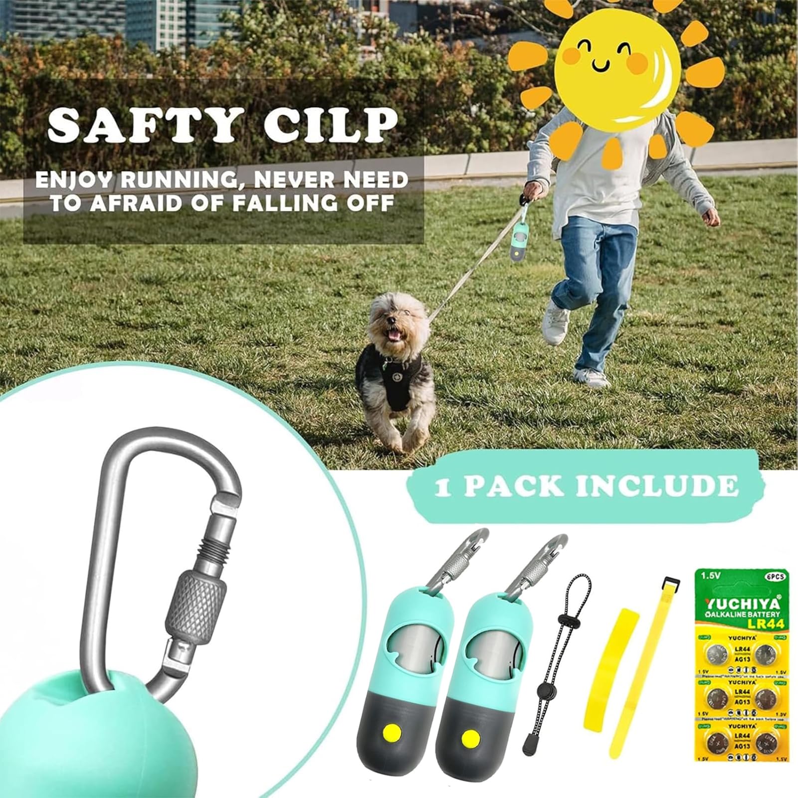 LED Dog Poop Bag Holder with Flashlight | Leash-Mounted Pet Waste Dispenser | Waterproof Doggie Potty Bags Container & Accessories (2 Holders + 30 Bags, Mint Green) | Perfect for Night Walks, Park Visits & Travel