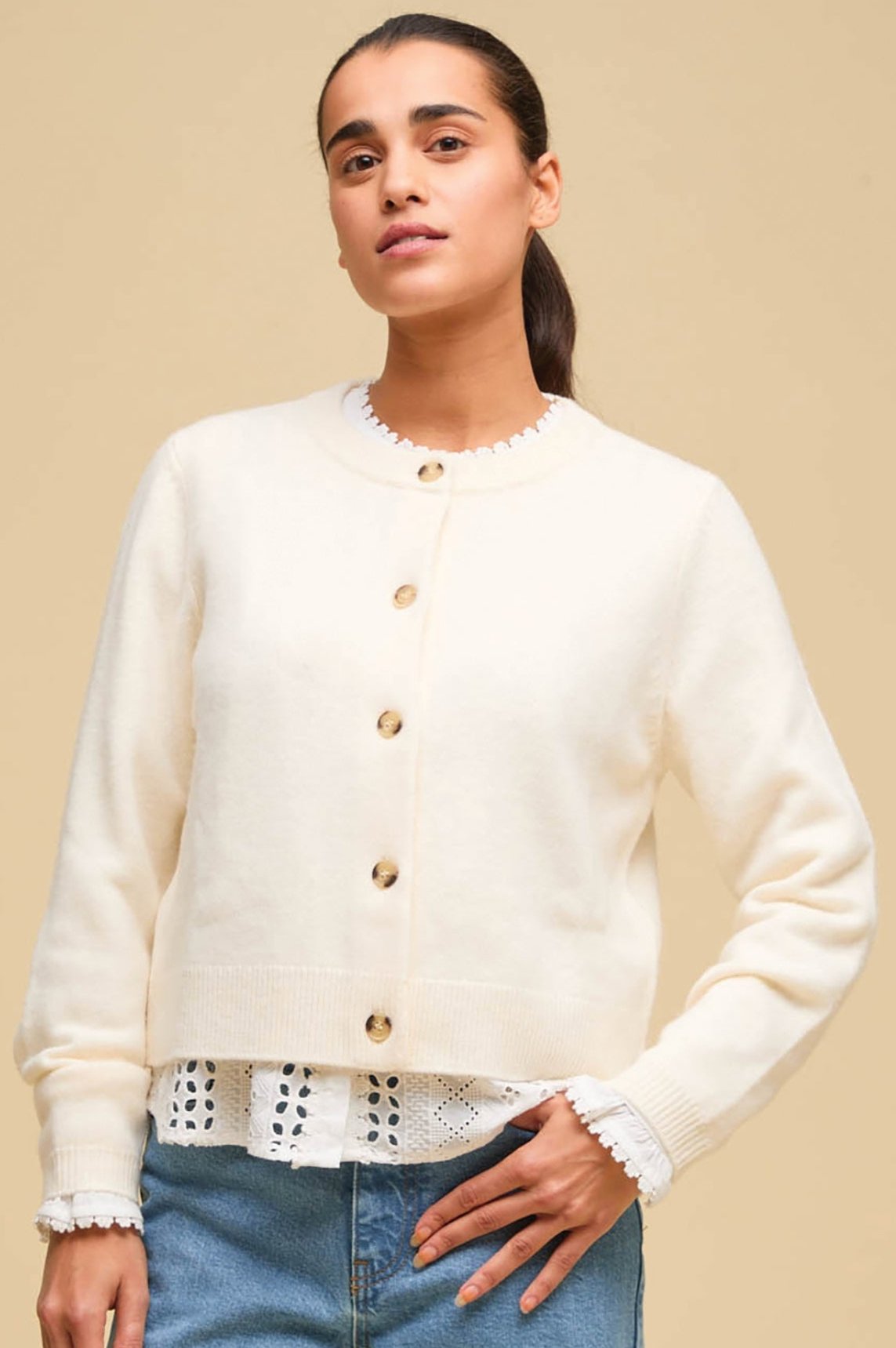 Premium Merino Wool Brittany Cardigan for Women - Soft Cream Knit Sweater | Perfect for Fall & Winter Layering, Office Wear & Casual Outfits