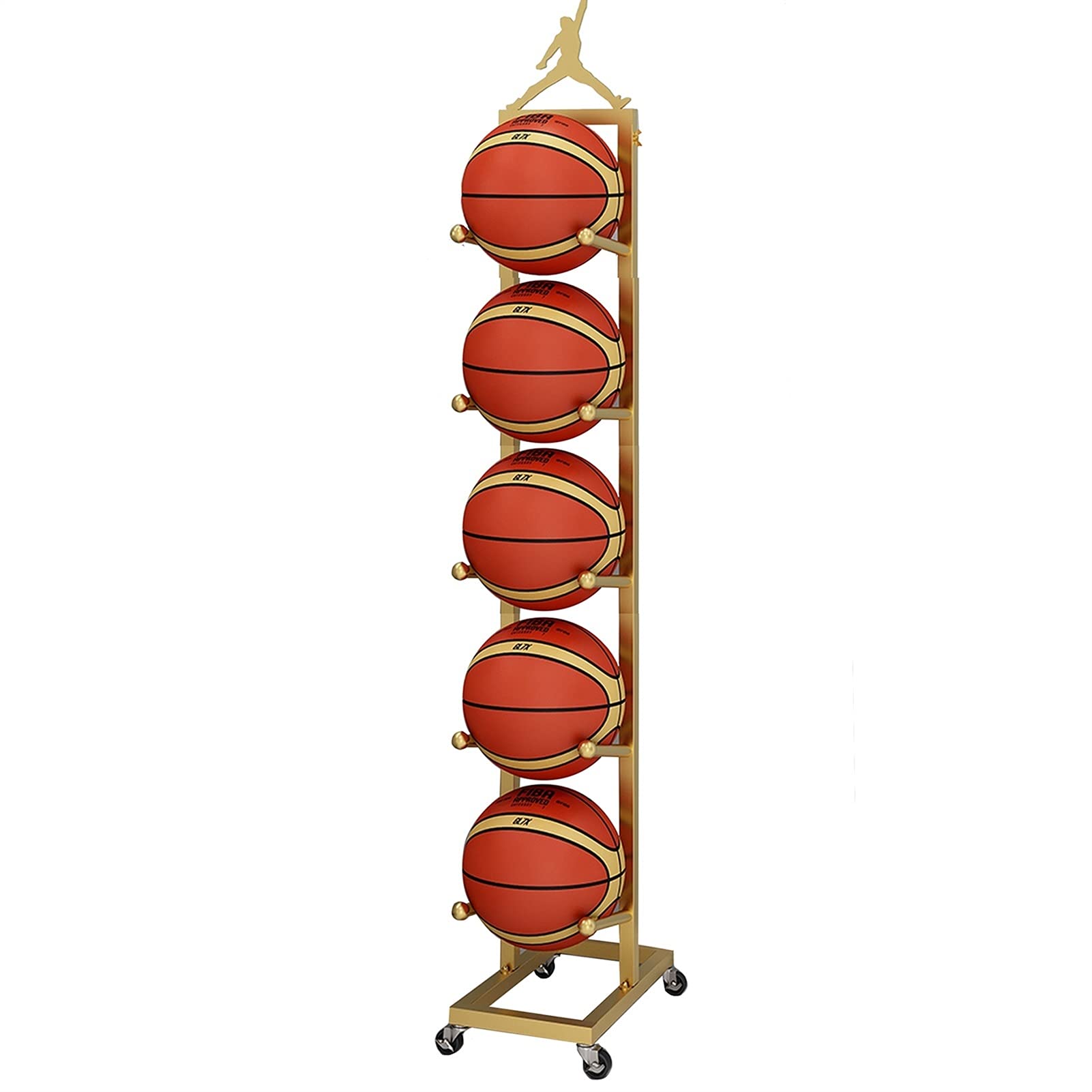 Lockable Rolling Basketball Storage Rack - 5-Tier Freestanding Sports Ball Organizer with Wheels for Gym, Store, Office & Home - Gold Finish | Perfect for Organizing Basketballs, Soccer Balls & Sports Equipment