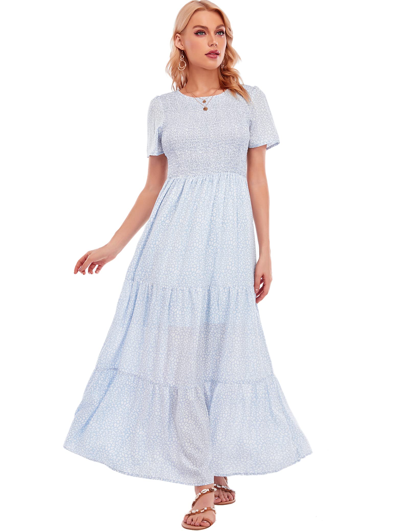 MANAIXUAN Women's Floral Maxi Dress - Summer Casual Short Sleeve A-Line Tiered Sun Dress for Beach, Party & Vacation | Plus Size Options Available