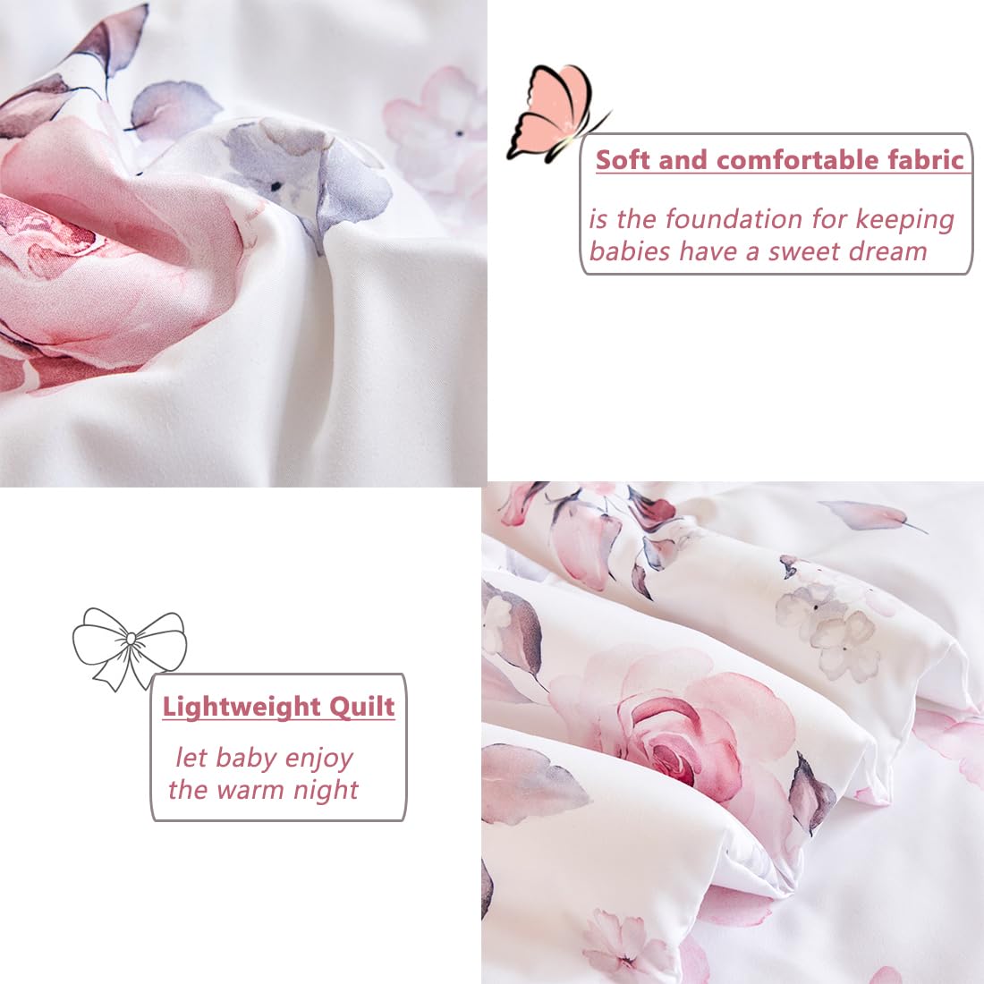 PERFEMET Floral Toddler Bedding 4-Piece Set - Pink Flower Girls Reversible Butterfly Comforter, Fitted Sheet, Flat Sheet & Pillowcase - Soft Nursery Crib Bedding for Baby & Toddler Rooms - Perfect for Girls' Bedrooms, Daycare & Gift Giving
