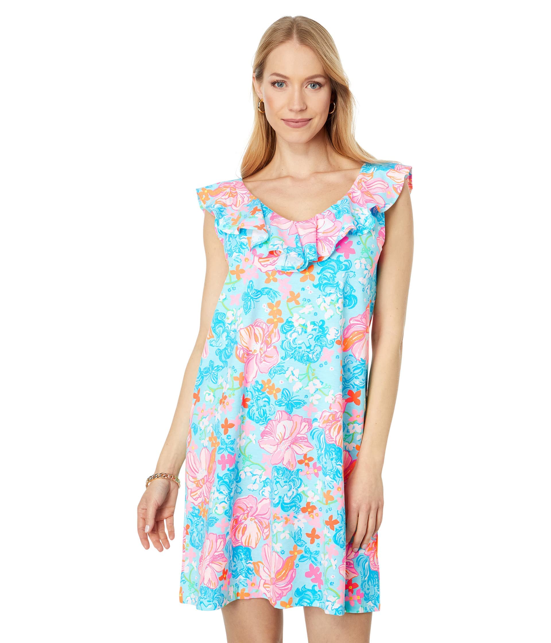 Lilly Pulitzer Alessa Dress for Women - Ruffled Layered Neckline, Straight Hem Summer Dress | Floral Print, Lightweight & Breathable | Perfect for Beach Vacations, Garden Parties & Summer Weddings