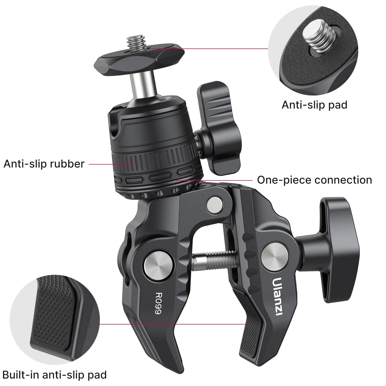 ULANZI R099 360° Ball Head Super Clamp Mount for Action Cameras - Compatible with AKASO, DJI Osmo, DSLR & Camera Monitors - Perfect for Bike, Motorcycle Handlebar & Vlogging Accessories