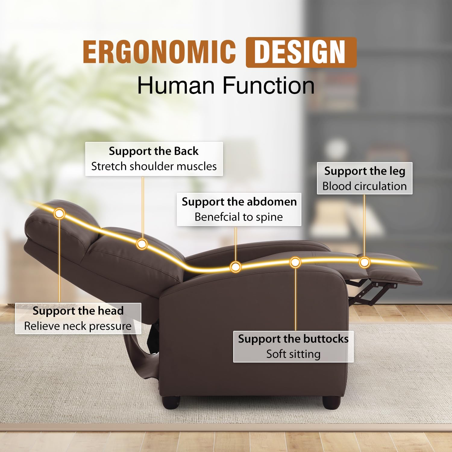 FDW Leather Recliner Chair - Single Reclining Sofa with Padded Seat & Backrest - Brown Home Theater Seating for Living Room, Lounge & Entertainment Spaces - Comfortable Chaise for Relaxing, Watching Movies & Reading
