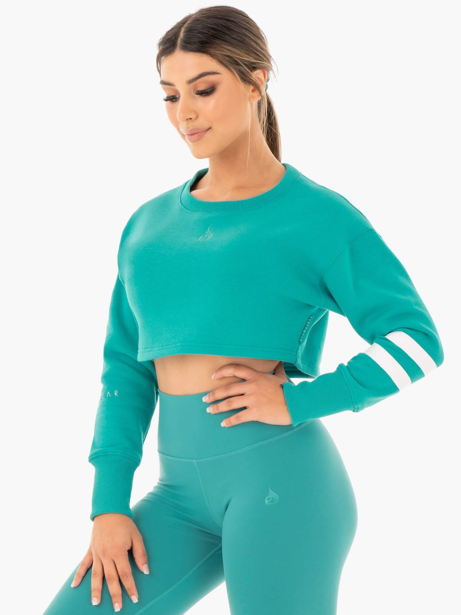 Stylish Teal Motion Cropped Sweater for Women | Trendy Casual Pullover | Perfect for Fall Layering & Coffee Dates