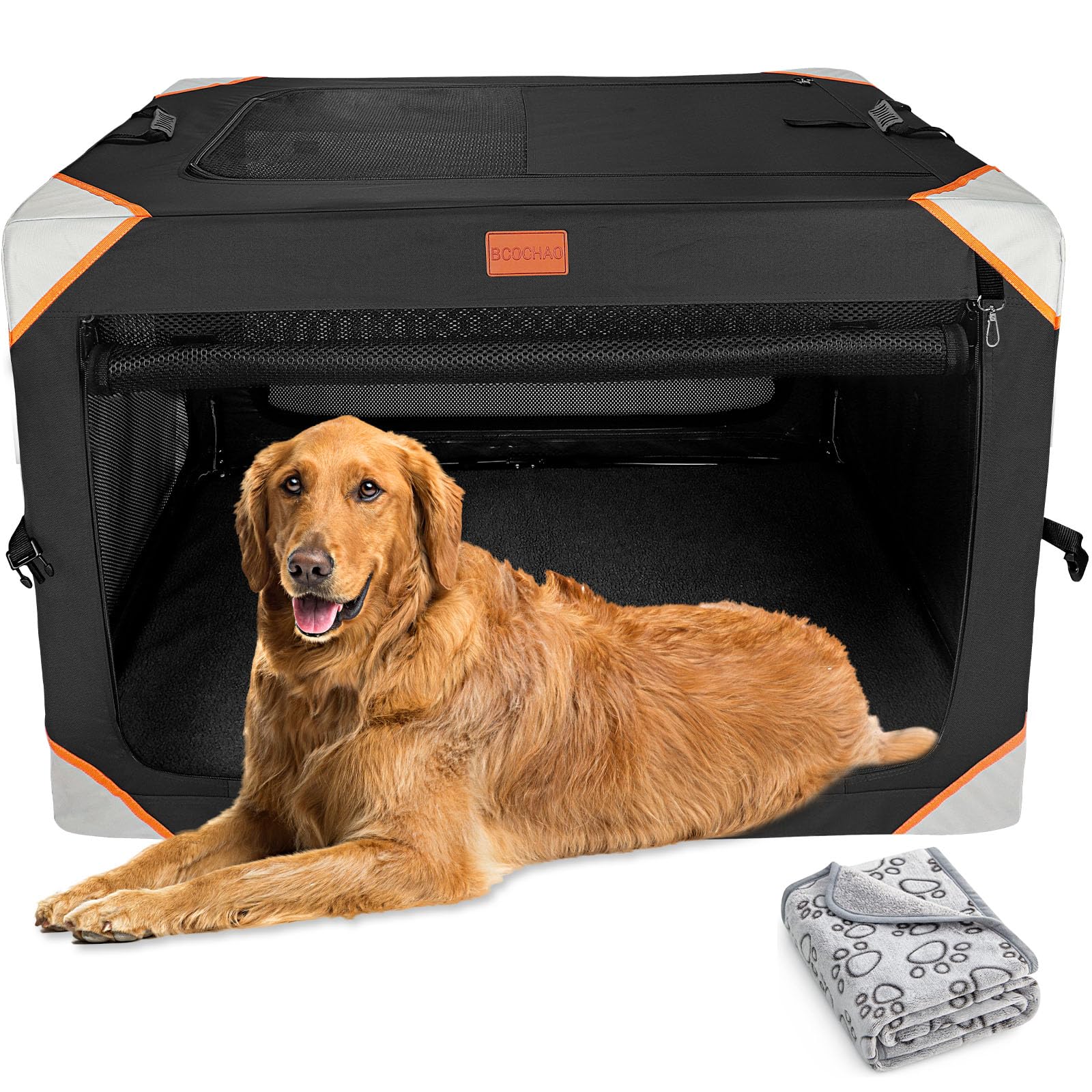 Collapsible Dog Crate for Extra Large Dogs - 4-Door Portable Pet Travel Crate with Soft Blanket | Sturdy, Breathable & Comfortable Design | Indoor, Outdoor & Car Back Seat Use | Perfect for Travel, Camping & Vet Visits