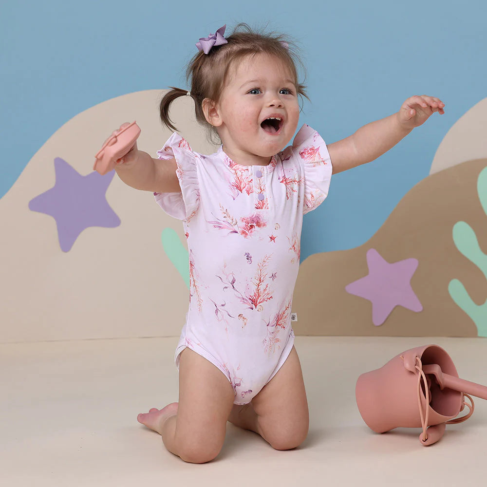 Organic Cotton Short Sleeve Frill Bodysuit for Babies - Coral | Soft & Comfortable Infant Onesie | Perfect for Playtime, Daycare & Photo Shoots