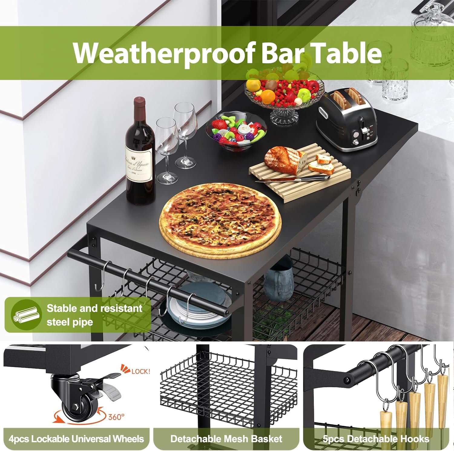 **Portable 3-Tier Stainless Steel Pizza Oven Cart - Outdoor BBQ Grill Table with Wheels, Commercial Kitchen Prep Trolley & Dining Workstation for Backyard, Patio, and Catering Events**