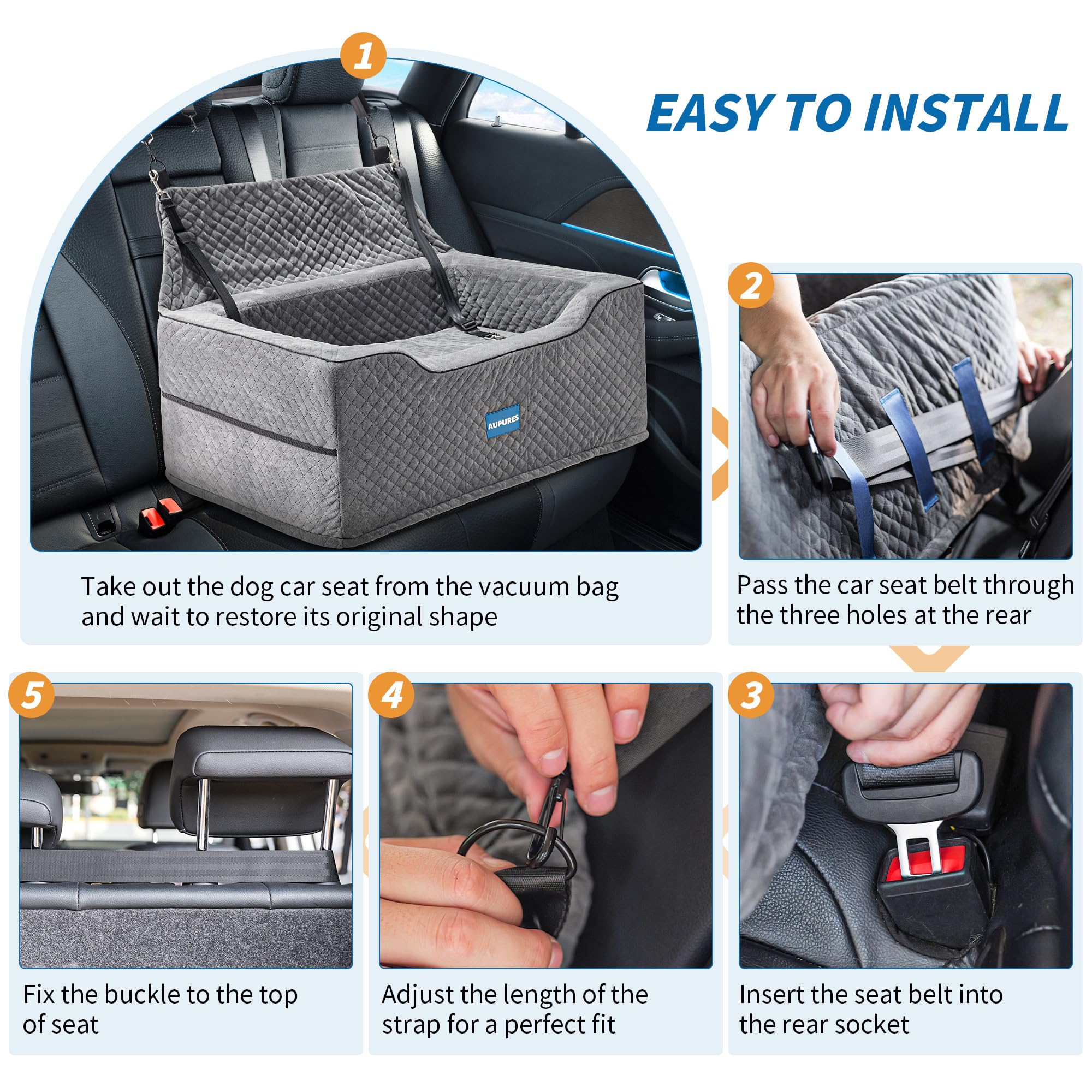 Premium Dog Car Seat for Large & Medium Dogs Up to 55 lbs - Adjustable Height Pet Booster Seat with Safety Belt - Soft Fabric Carrier for Two Small Dogs (Gray) - Perfect for Road Trips & Daily Commutes