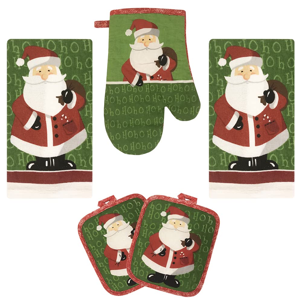 Premium 5-Piece Kitchen Towel Set - 2 Linen Towels, 2 Pot Holders & 1 Oven Mitt - Lobyn Value Pack (X-Santa) - Perfect for Cooking, Baking & Holiday Decor
