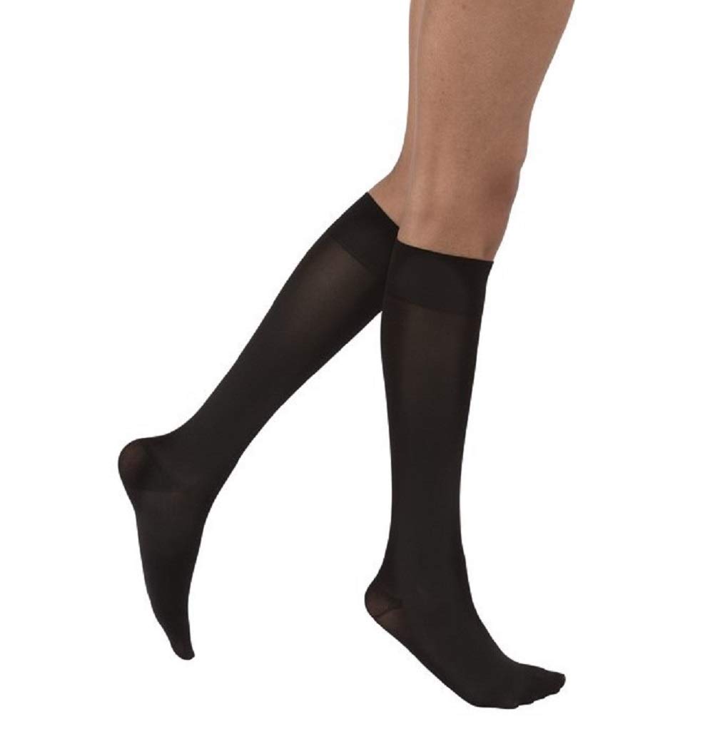 JOBST Opaque Knee High 15-20 mmHg Compression Stockings for Women - Closed Toe, Medium Petite Size, Classic Black - Ideal for Circulation Support, Varicose Veins & Travel