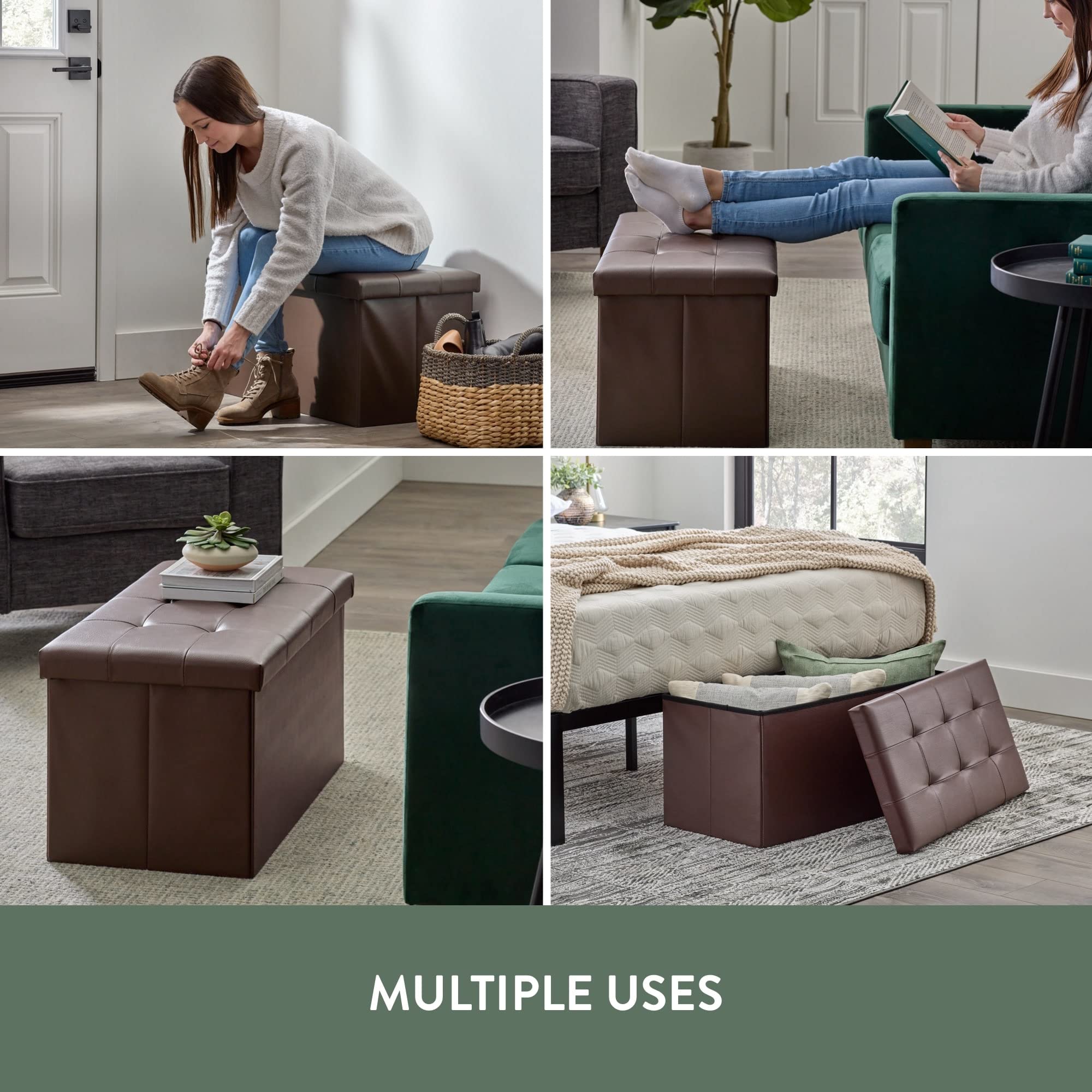 Edenbrook 30 Inch Rectangle Storage Ottoman with Buttonless Tufted Design - Sturdy Foot Rest Bench Holds 330 lbs - Brown Faux Leather for Living Room, Bedroom & Home Decor