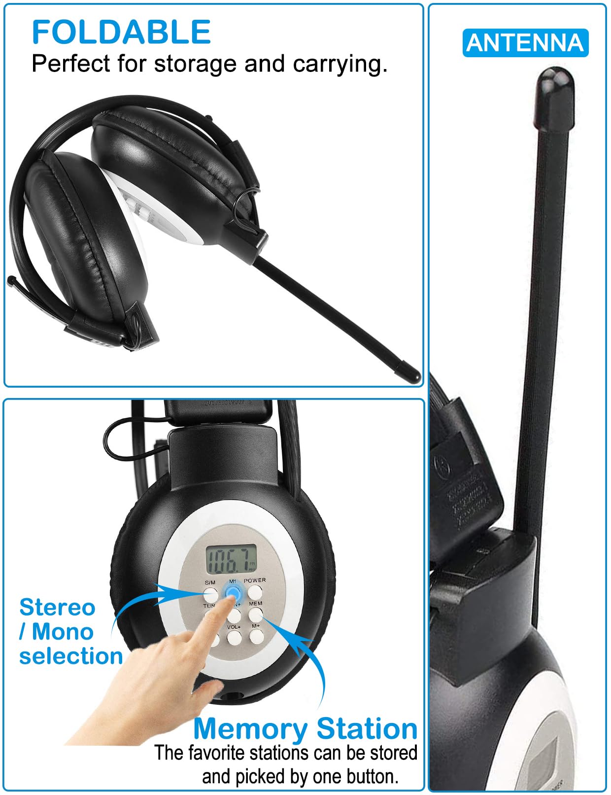 ZHIWHIS FM Portable Radio with LCD Display - Stereo Over-Ear Foldable Headphones, Wireless/Wired Walkman for Walking, Running, and Conference Use - Operated by 2 AA Batteries (Model ZWS-308) | Perfect for Outdoor Activities, Commuting, and Office Meetings