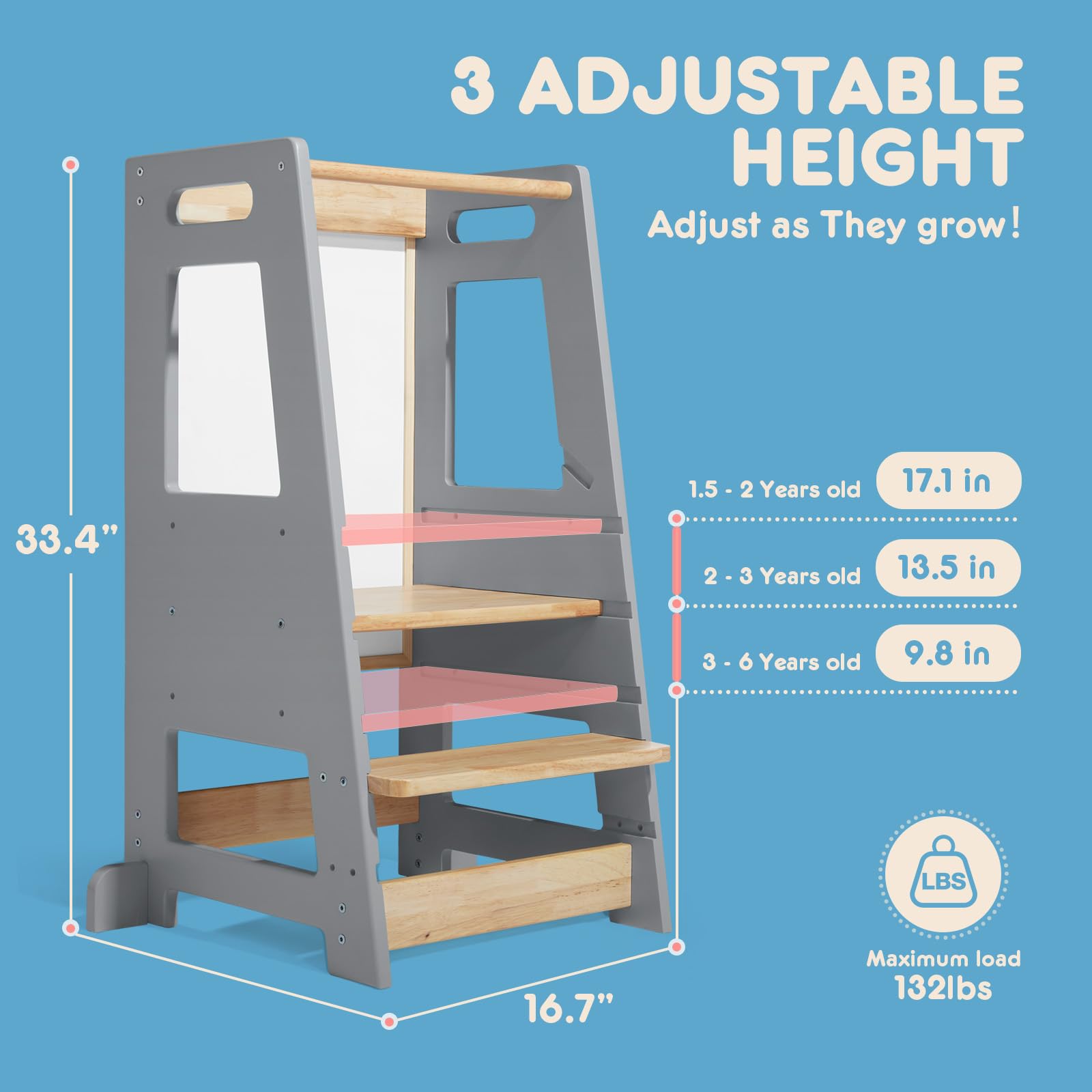 Adjustable Height Toddler Kitchen Helper Stool with Anti-Slip Protection & Safety Rail | Montessori Learning Stool with Chalkboard for Kids | Perfect for Baking, Cooking & Playtime (Gray)
