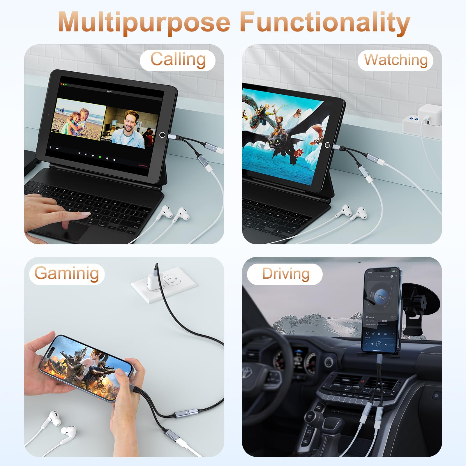 iPhone Lightning Splitter Adapter - Dual Charging & Audio Port for iPhone 14/13/12/11/X/8/7/6 & iPad | 2-in-1 Charger & Headphone Dongle | Perfect for Gaming, Music & Charging Simultaneously