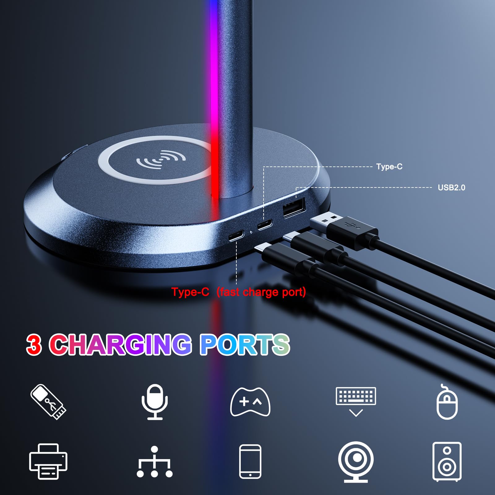 Premium RGB Gaming Headphone Stand with 15W Fast Wireless Charger & 3-Port Hub (2 USB-C + 1 USB) - Weighted Non-Slip Base for All Headsets - Perfect for Gaming Setup & Office Desk Organization