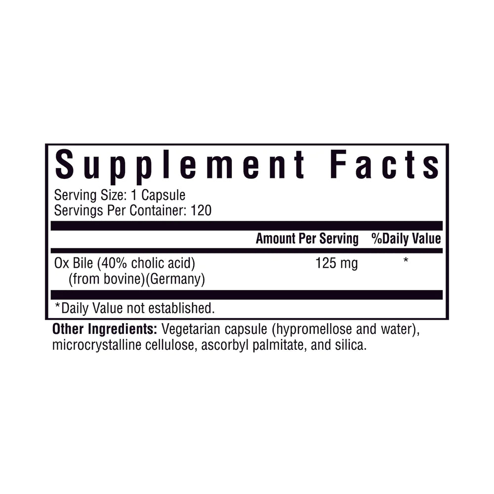 Premium Ox Bile Supplement 125mg - 100 Capsules for Digestive Support & Fat Absorption - Supports Liver Health & Gallbladder Function - Ideal for Keto, Paleo & Low-Carb Diets