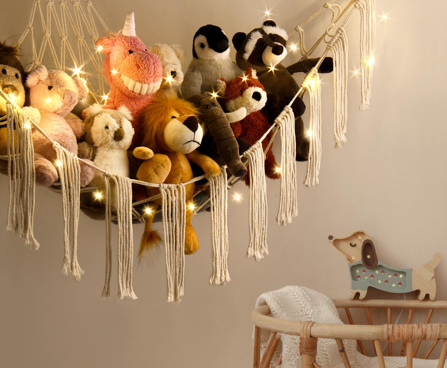 **Stuffed Animal Hammock with LED Lights - Large Plush Toy Storage Net - Hanging Organizer for Teddy Bears & Stuffed Animals - Kids Room Decor & Nursery Storage Solution - Perfect for Bedroom, Playroom, and Dorm Organization**
