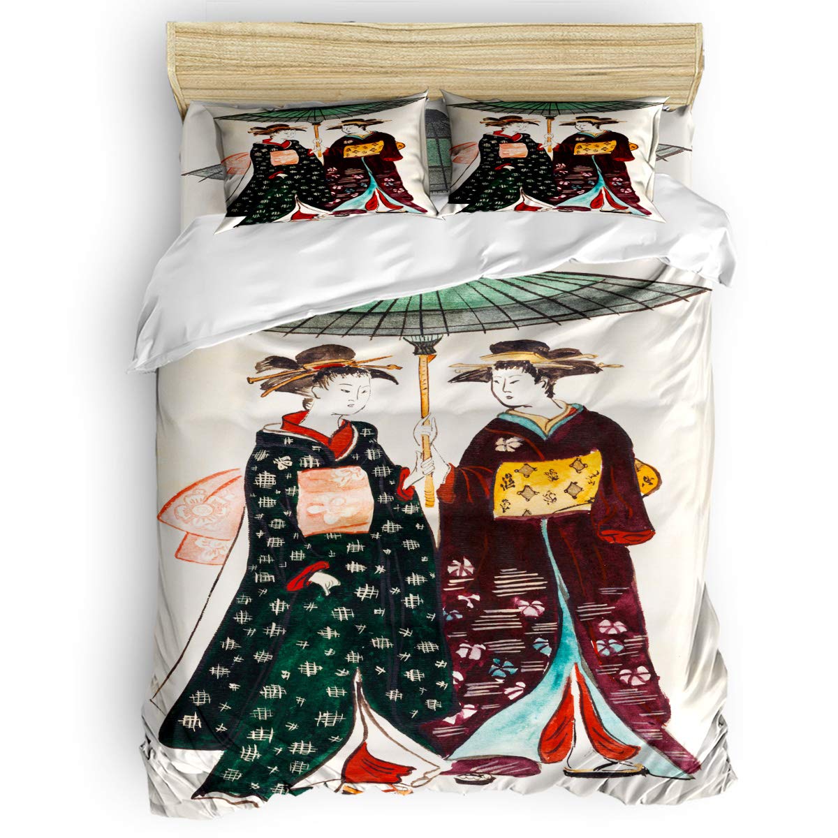 Yogaly Queen Size 4-Piece Bedding Set - Japanese Geisha Kimono Printed Comforter Cover, Flat Sheet & Pillowcases for Adults/Teens/Kids - East Asian Inspired Home Decor for Master Bedroom, Guest Room & Dorm