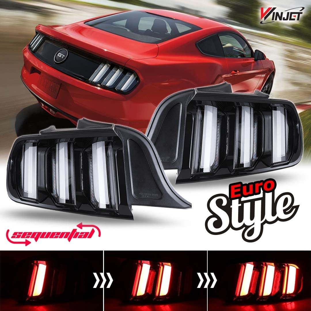 Winjet Euro Style LED Tail Lights Assembly for 2015-2022 Ford Mustang - Sequential Dynamic Turn Signals, Clear Lens (1 Pair) | Rear Lamps Upgrade for Enhanced Night Driving Safety & Style