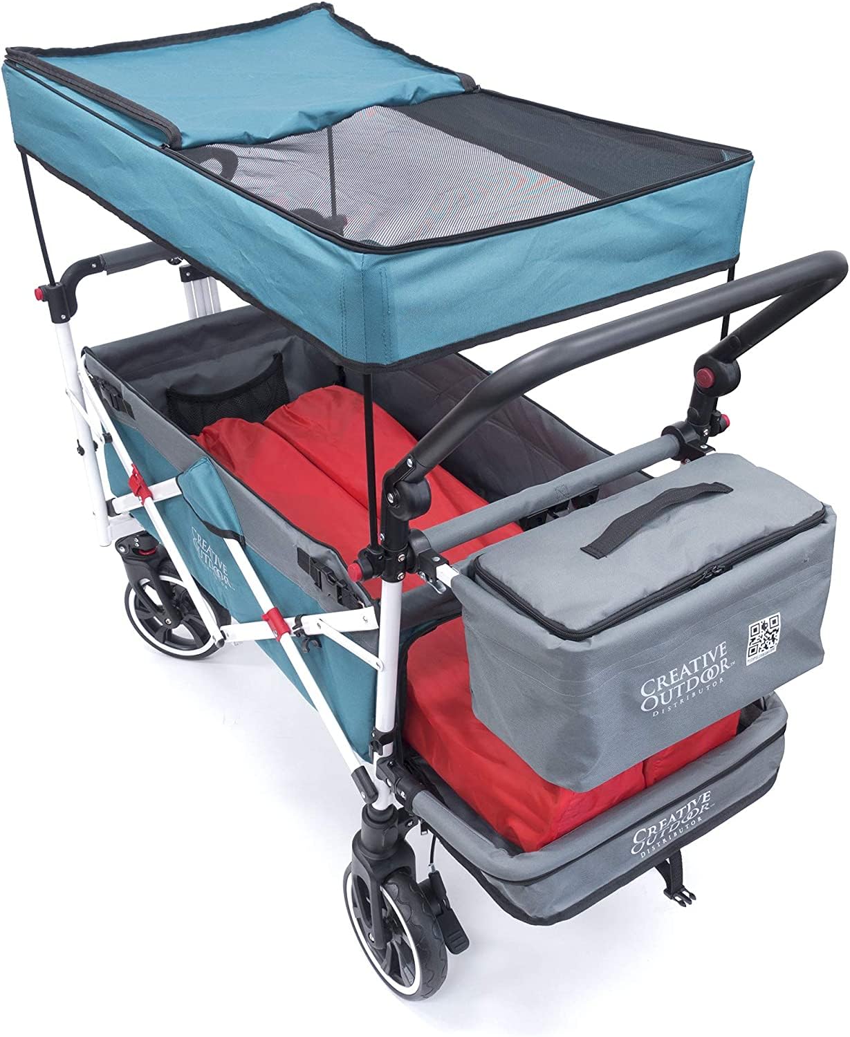 Best Collapsible Outdoor Wagon for Kids - Push Pull Stroller with Canopy for Beach, Park & Garden - Lightweight Folding Cart (Teal & Grey) - Perfect for Picnics, Camping & Outdoor Adventures