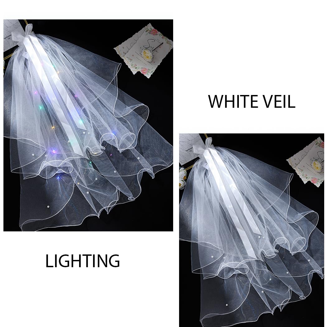 White 2-Tier Bridal Wedding Veil with LED Lights - Elegant Short Veil Hair Accessory for Bachelorette Parties, Bridal Showers & Wedding Ceremonies
