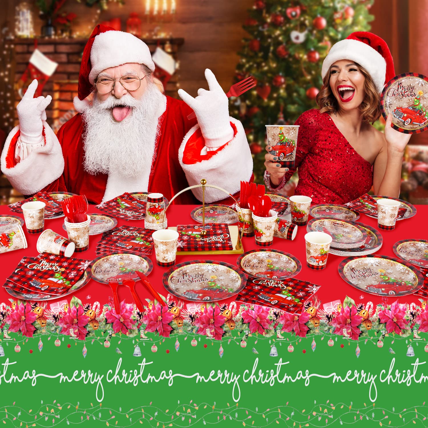 Disposable Christmas Party Supplies Set - 25-Piece Paper Plates, Napkins, Cups, Cutlery & Tablecloth for Holiday Decorations - Perfect for Christmas Dinner, Office Parties & Festive Gatherings