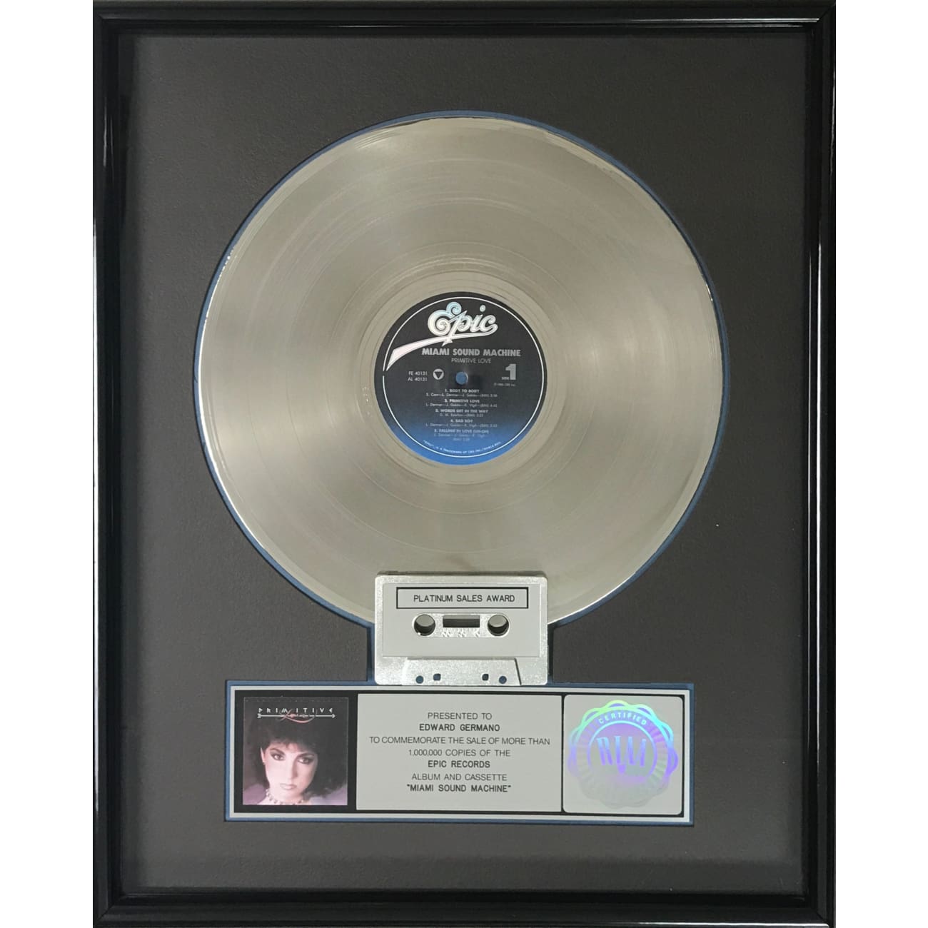 Gloria Estefan & Miami Sound Machine Primitive Love RIAA Certified Platinum Album Award - Perfect for Music Collectors & 80s Disco Fans Home Decor