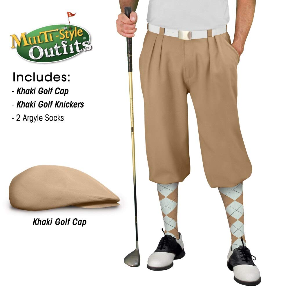 Men's Stylish Khaki Golf Outfit Set - Matching Knickers, Cap & 2 Over-The-Calf Socks | Comfortable Golf Attire for Course & Casual Wear